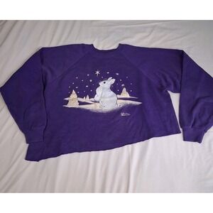 Upcycle 90s Bunny Graphic Purple Pull Over Crewneck Asymmetrical Crop Sweatshirt